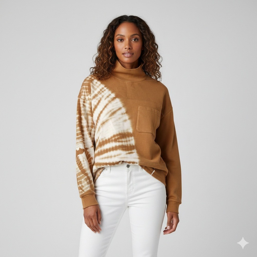Madewell Womens Large Tie Dye Mock Neck Sweatshirt Brown Sunburst Pocket Cotton